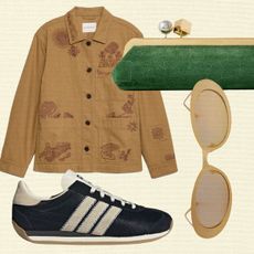 Collage of brown barn jacket, Adidas sneakers, sunglasses, and green clutch