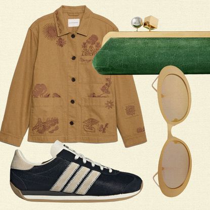 Collage of brown barn jacket, Adidas sneakers, sunglasses, and green clutch