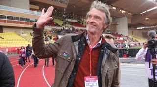 Sir Jim Ratcliffe waves before the Ligue 1 match between Monaco and Nice at the Stade Louis-II on April 20, 2022 in Fontvieille, Monaco.