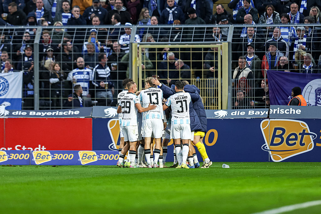 Sigurd Haugen of 1860 is celebrating scoring the second goal for 1860 during the 3. Liga match between TSV 1860 M&amp;uuml;nchen and MSV Duisburg at Stadion an der Gruenwalder Stra&amp;szlig;e on October 19, 2025 in Munich, Germany.
