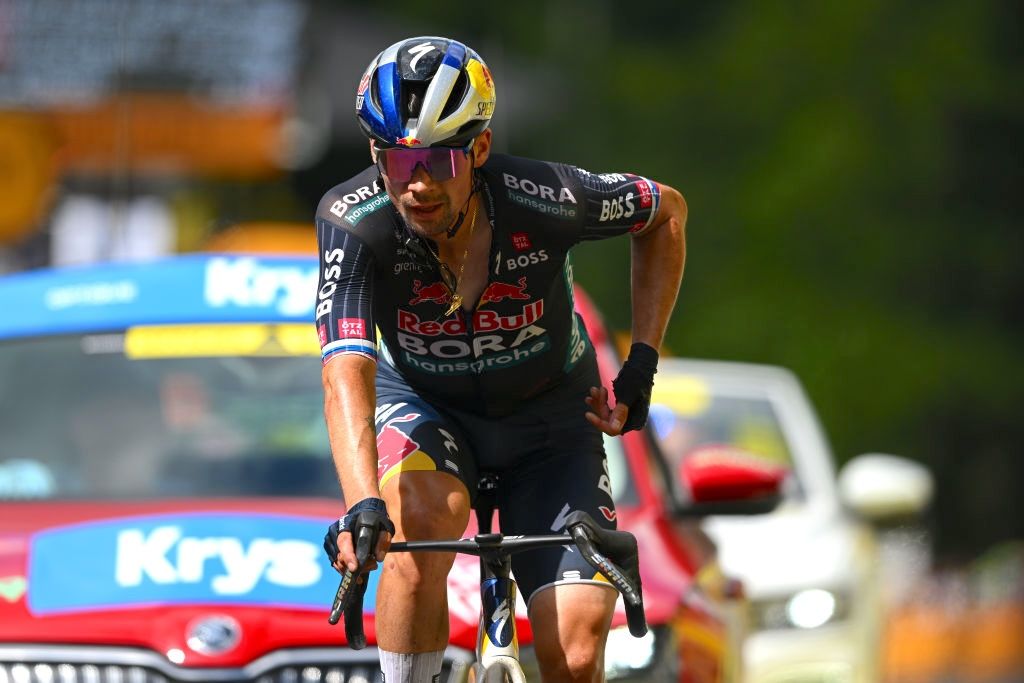 LE-LIORAN, FRANCE - JULY 10: Primoz Roglic of Slovenia and Team Red Bull &acirc; BORA &acirc; hansgrohe crosses the finish line during the 111th Tour de France 2024, Stage 11 a 211km stage from Evaux-les-Bains to Le Lioran (1239m) / #UCIWT / on July 10, 2024 in Le Lioran, France. (Photo by Dario Belingheri/Getty Images)
