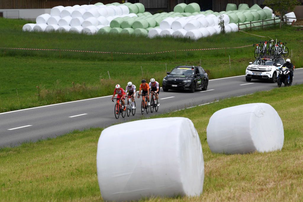 PFAFFNAU SWITZERLAND JUNE 08 Mathias Frank of Switzerland and AG2R Citren Team Benjamin King of United States and Team Rally Cycling Claudio Imhof of Switzerland and Team Switzerland Rmy Rochas of France and Team Cofidis in the Breakaway during the 84th Tour de Suisse 2021 Stage 3 a 185km stage from Lachen to Pfaffnau 509m Landscape UCIworldtour tds tourdesuisse on June 08 2021 in Pfaffnau Switzerland Photo by Tim de WaeleGetty Images
