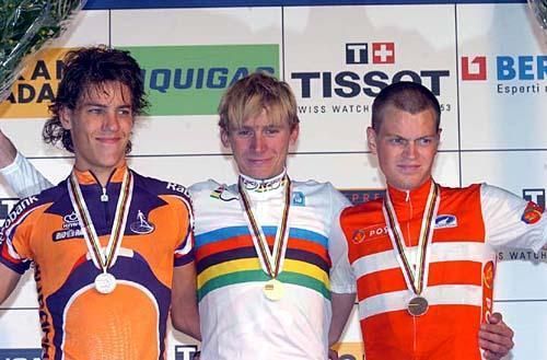The 2004 Under-23 World Championship podium: Thomas Dekker (2nd, Netherlands), Kanstantsin Siutsou (1st, Belarus) and Mads Christensen (3rd, Denmark)