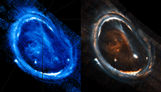 Jupiter’s northern aurora imaged by the Juno Ultraviolet Spectrograph (UVS) on Dec. 11 2016. The left panel false-colors the aurora based on overall intensity. The right panel overlays three different wavelength ranges and color codes them such that red, green, and blue indicate high, medium and low energy electrons, respectively, with color mixtures indicating a mixture of energies.