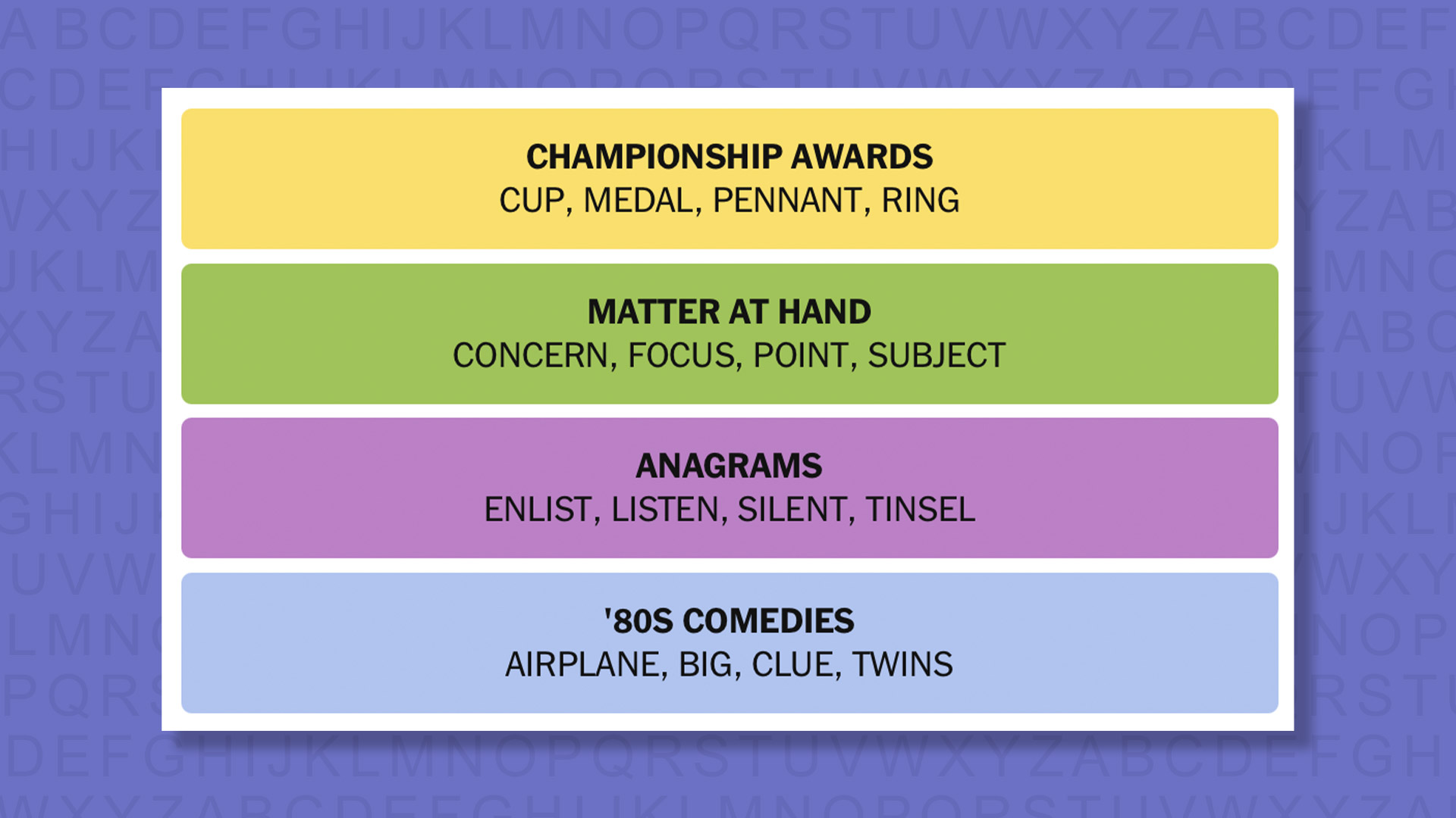 NYT Connections answers for game 1080 on a purple background
