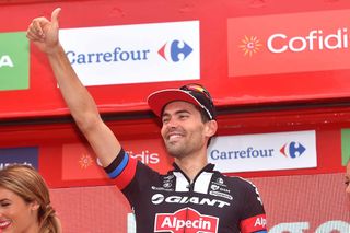 Tom Dumoulin on the Vuelta's stage 17 podium.