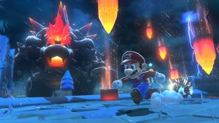 Mario running with Bowser in the background in Super Mario 3D World + Bowser's Fury