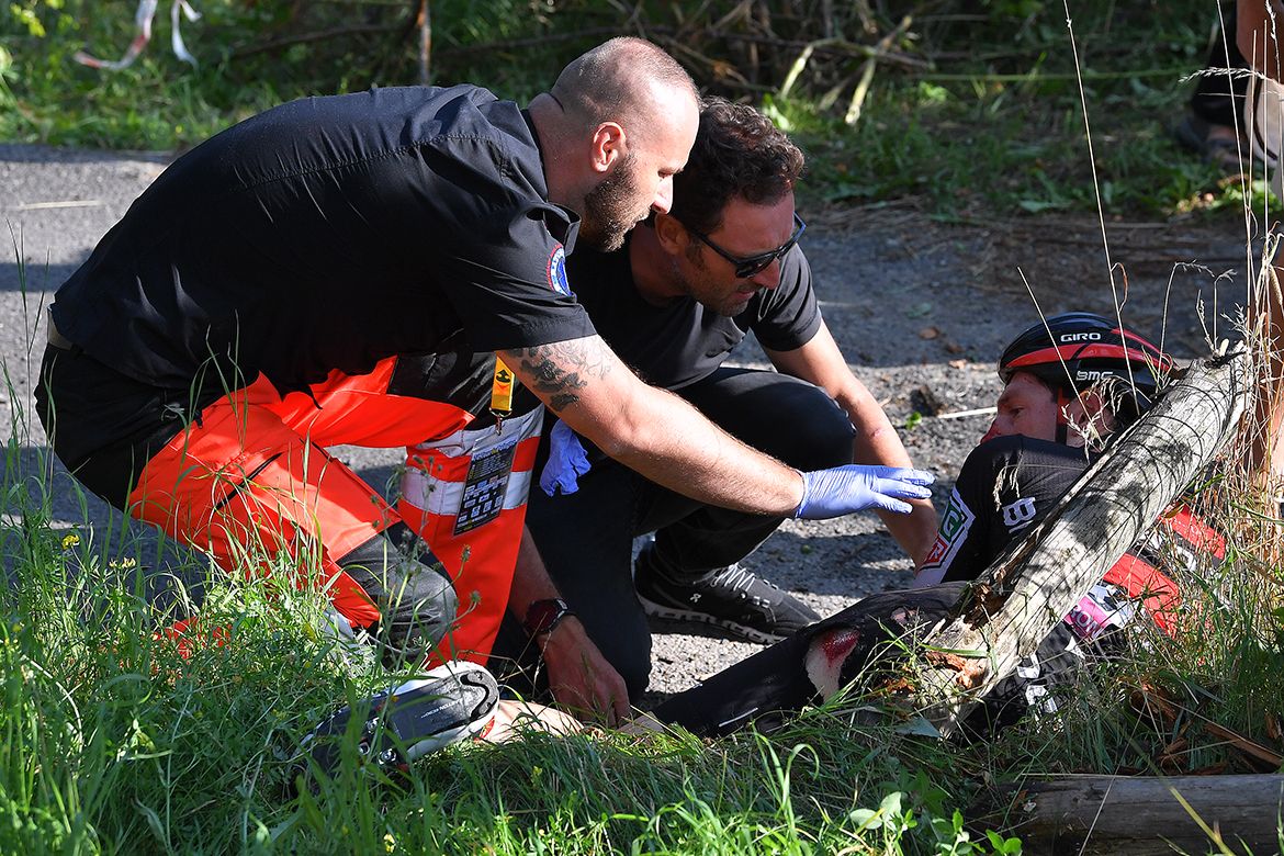 BMC's Ben Hermans had a bad crash and left the race in an ambulance