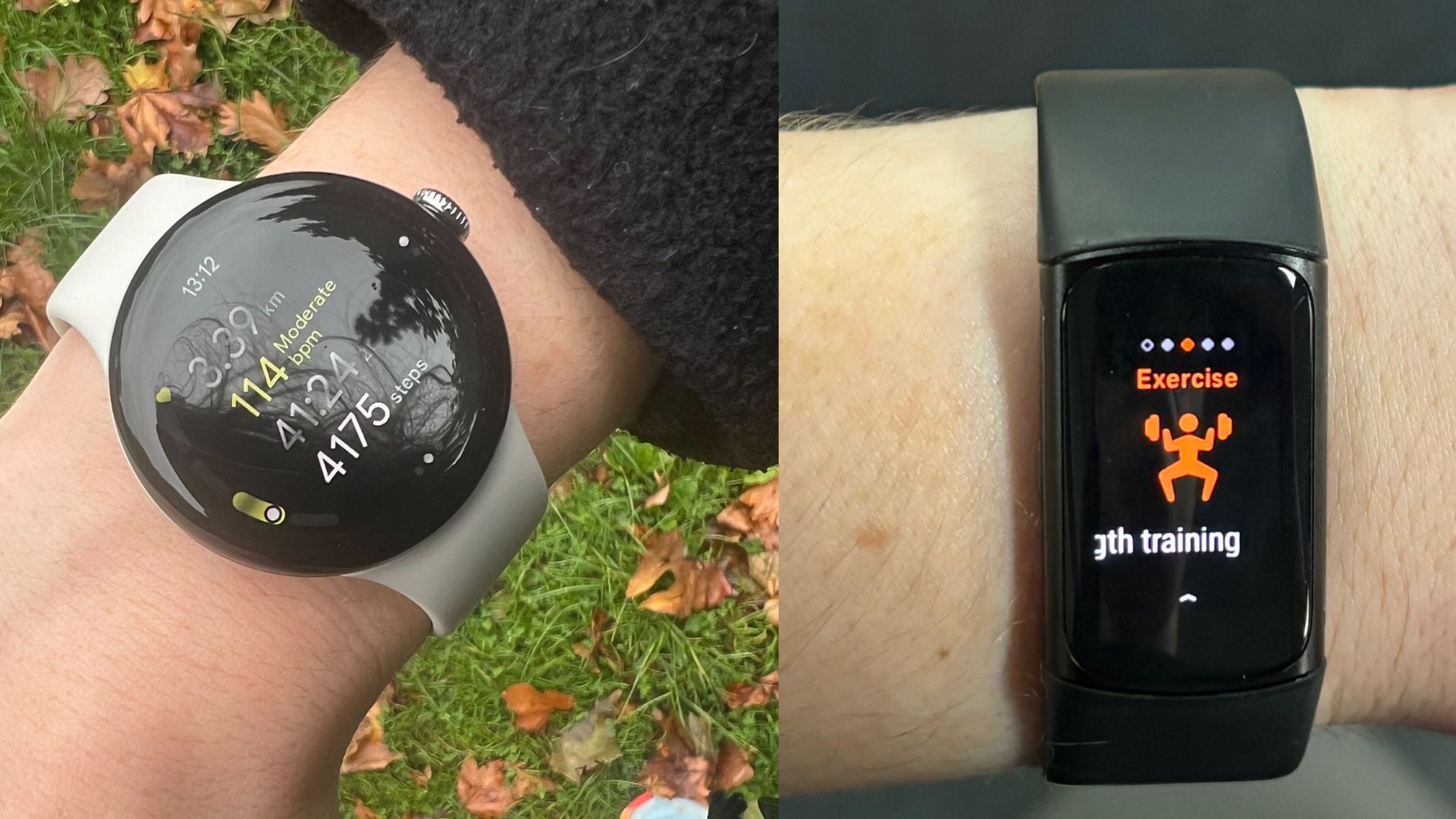 Grace Walsh and Ciara McGinley testing Google Pixel Watch vs Fitbit Charge 6 in activity modes