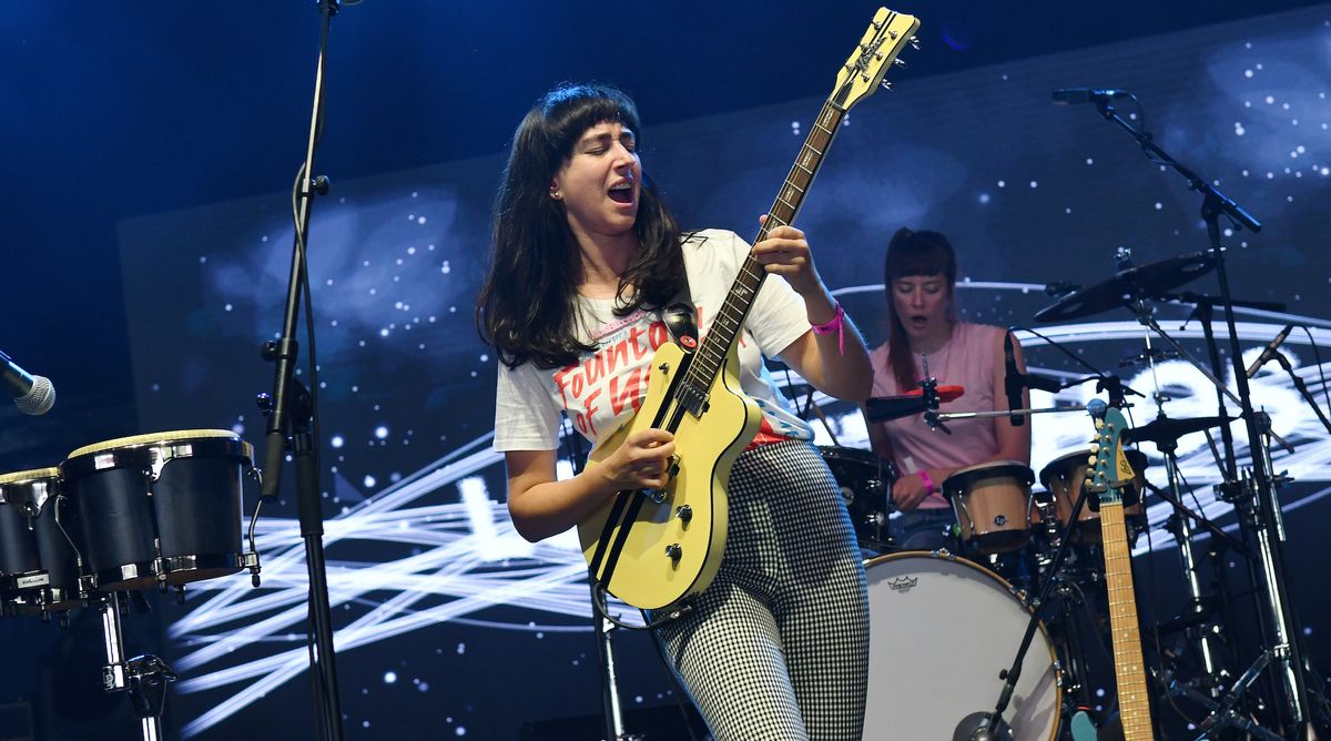  Serra Petale (left) and Nic Crawshaw of Los Bitchos perform live on stage during Wide Awake Festival at Brockwell Park on September 03, 2021 in London