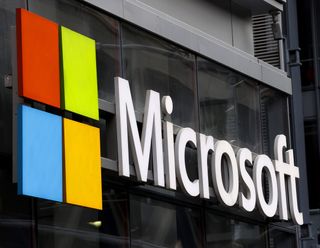 Microsoft logo displayed on the front of their building on 8th Avenue on December 30, 2023, in New York City