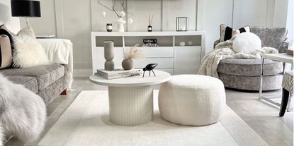 All white DIY fluted coffee table in white living room space