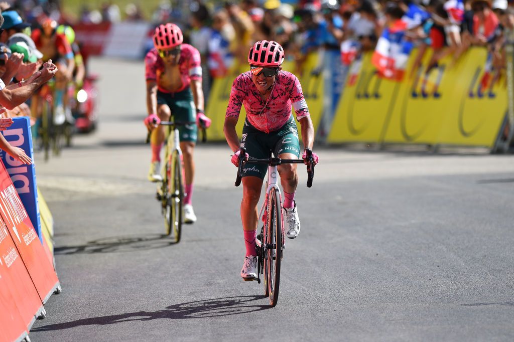 PLATEAU DE SALAISON FRANCE JUNE 12 Johan Esteban Chaves Rubio of Colombia and Team EF Education Easypost crosses the finish line during the 74th Criterium du Dauphine 2022 Stage 8 a 1388km stage from SaintAlbanLeysse to Plateau de Salaison 1495m WorldTour Dauphin on June 12 2022 in Plateau de Salaison France Photo by Dario BelingheriGetty Images