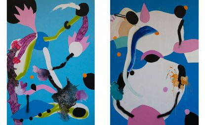 Two side-by-side photos of Caterina Silva’s multicoloured paintings. The first photo is of After the Drowning, 2015 and the second photo is of Miss Sleep, 2015