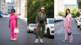 a composite of influencers showing how to wear high top converse with a jumpsuit