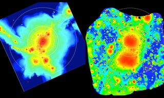 On the right is the eROSITA image, with a computer simulation for comparison on the left.