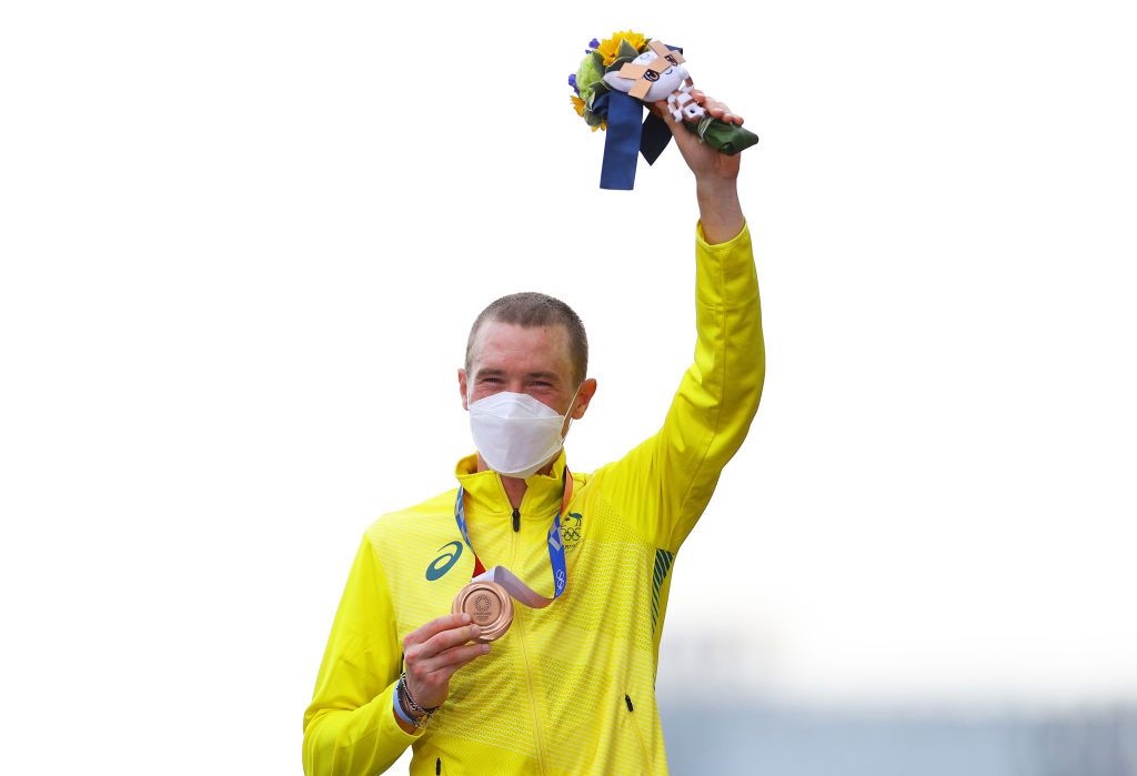 OYAMA JAPAN JULY 28 Rohan Dennis of Team Australia poses with the bronze medal after the Mens Individual time trial on day five of the Tokyo 2020 Olympic Games at Fuji International Speedway on July 28 2021 in Oyama Shizuoka Japan Photo by Tim de WaeleGetty Images