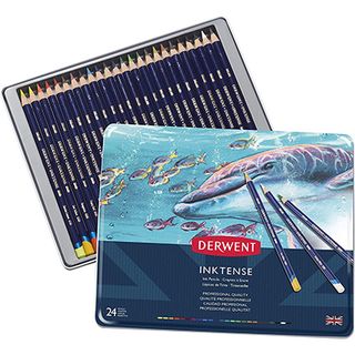 The best watercolour pencils include a tin with a dolphin drawn in the front