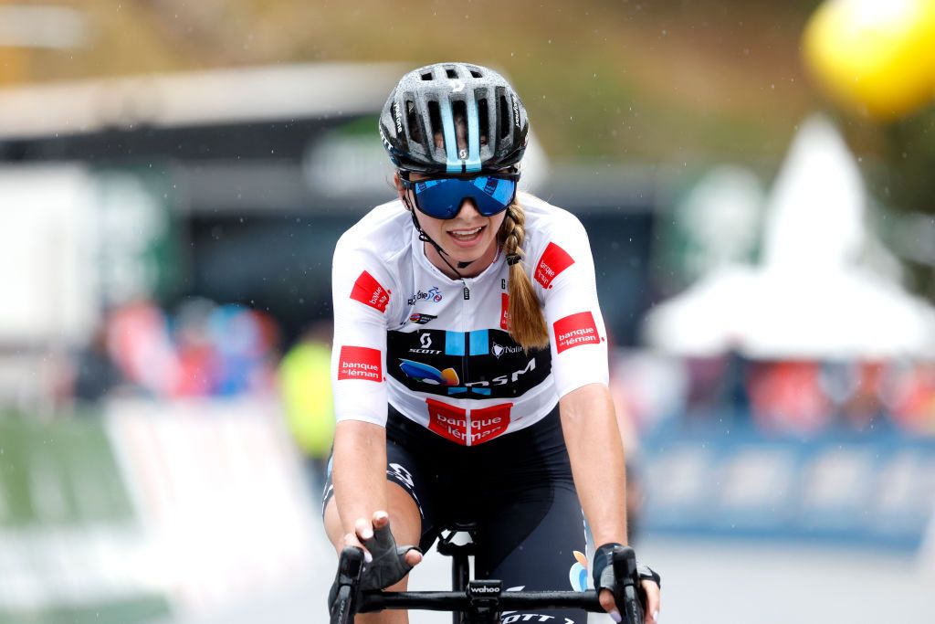 THYON SWITZERLAND OCTOBER 08 Liane Lippert of Germany and Team DSM Women white best young rider jersey crosses the finishing line during the 1st Tour de Romandie Feminin 2022 Stage 2 a 1045km stage from Sion to Thyon 2089m TDRwomen TDRF on October 08 2022 in Thyon Switzerland Photo by Bas CzerwinskiGetty Images
