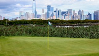 The fourth green at Liberty National with a view of the Manhattan Skyline