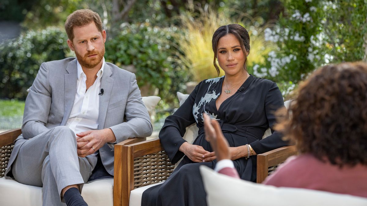 From left: Prince Harry and Meghan Markle sit down with Oprah Winfrey for the CBS special &#039;Oprah With Meghan and Harry&#039;