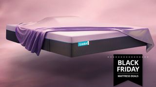 The Simba Hybrid Mattress Pro mattress on a pink marble background and with a black friday sales badge overlaid on the bottom right hand corner