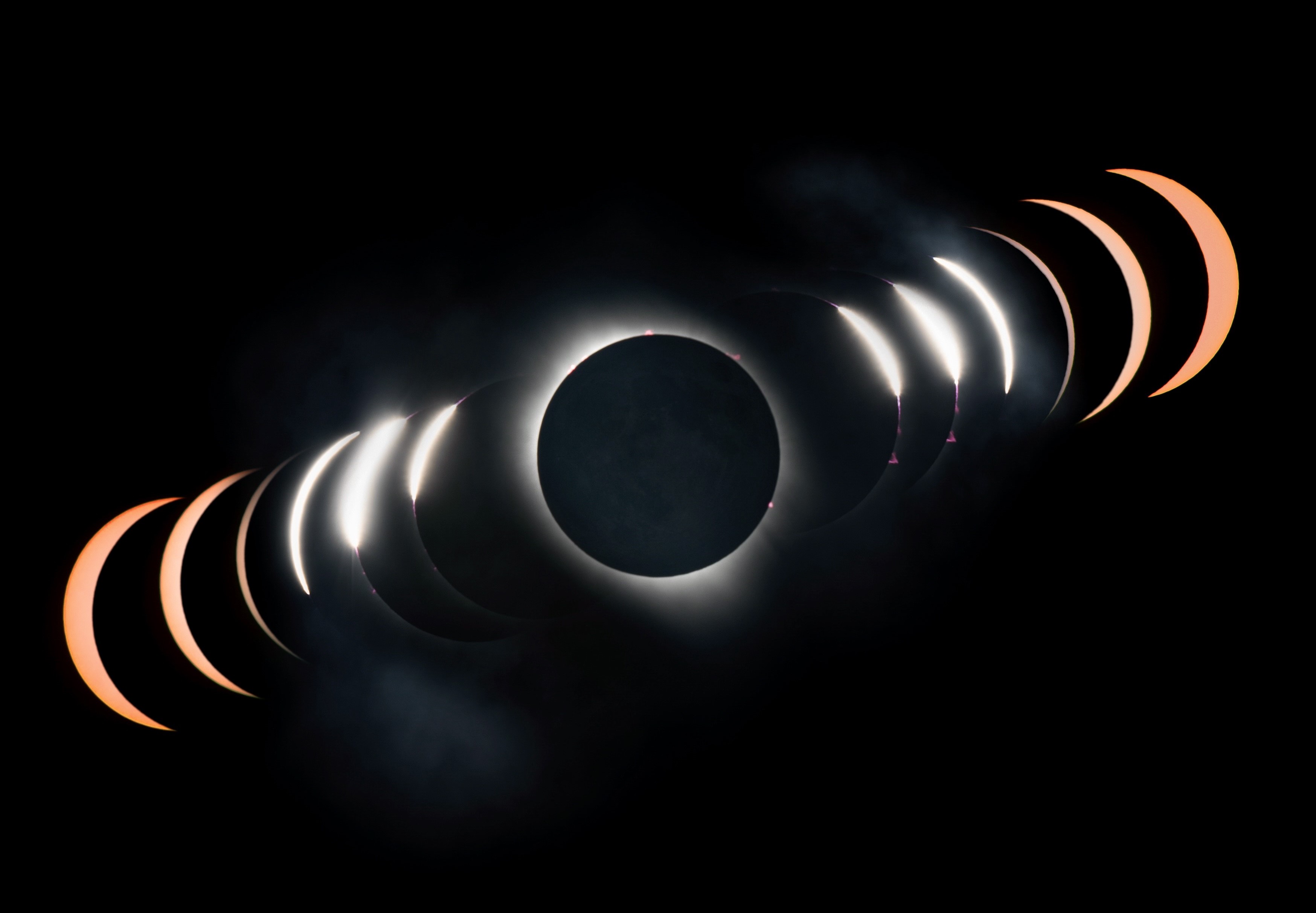 a series of images showing the progression of the total solar eclipse as the moon covers more of the sun's disk.