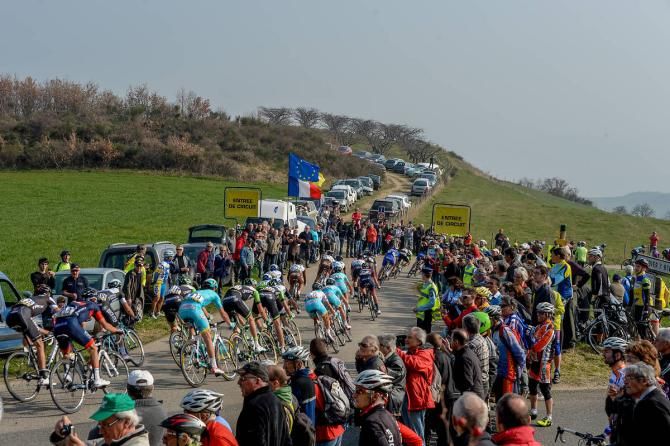 Plenty of spectators take in the action late in stage 5 at Paris-Nice