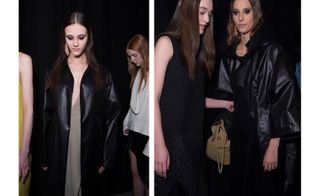 Image one - a female model in a black coat. Image two - two female models, one in a black dress and the other in a black coat