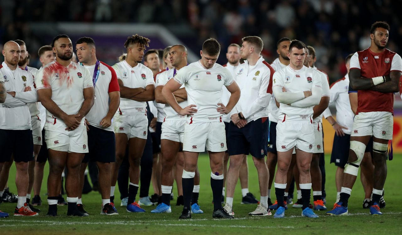 The England look dejected after their defeat during the Rugby World Cup 2019 Final between England and South Africa at International Stadium Yokohama on November 02, 2019 in Yokohama.