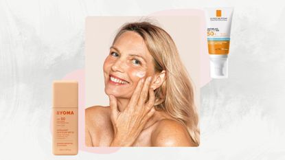 a woman with blonde hair and glowing skin applying a face cream and smiling next to byoma SPF and La Roche Posay SPF 