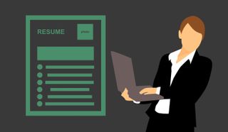 Woman in a suit using a laptop next to a green resume illustration.