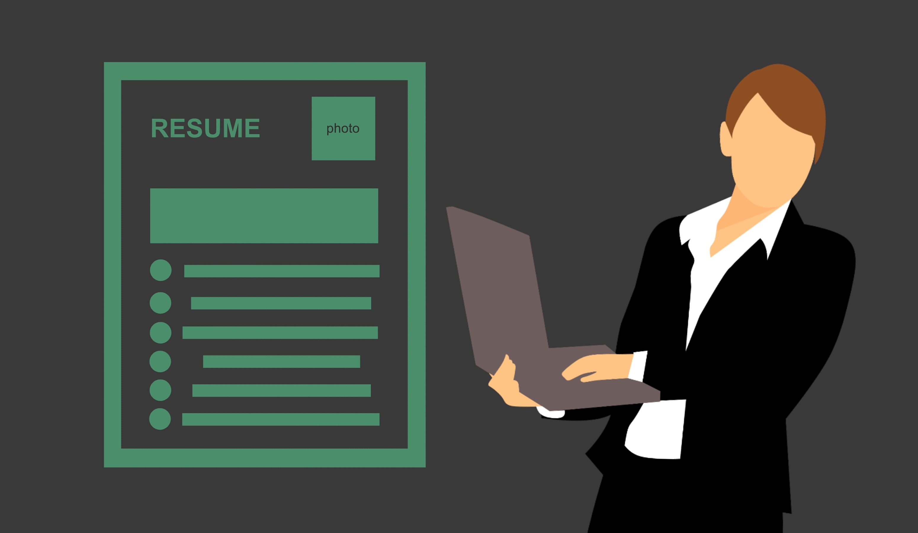 Woman in a suit using a laptop next to a green resume illustration.