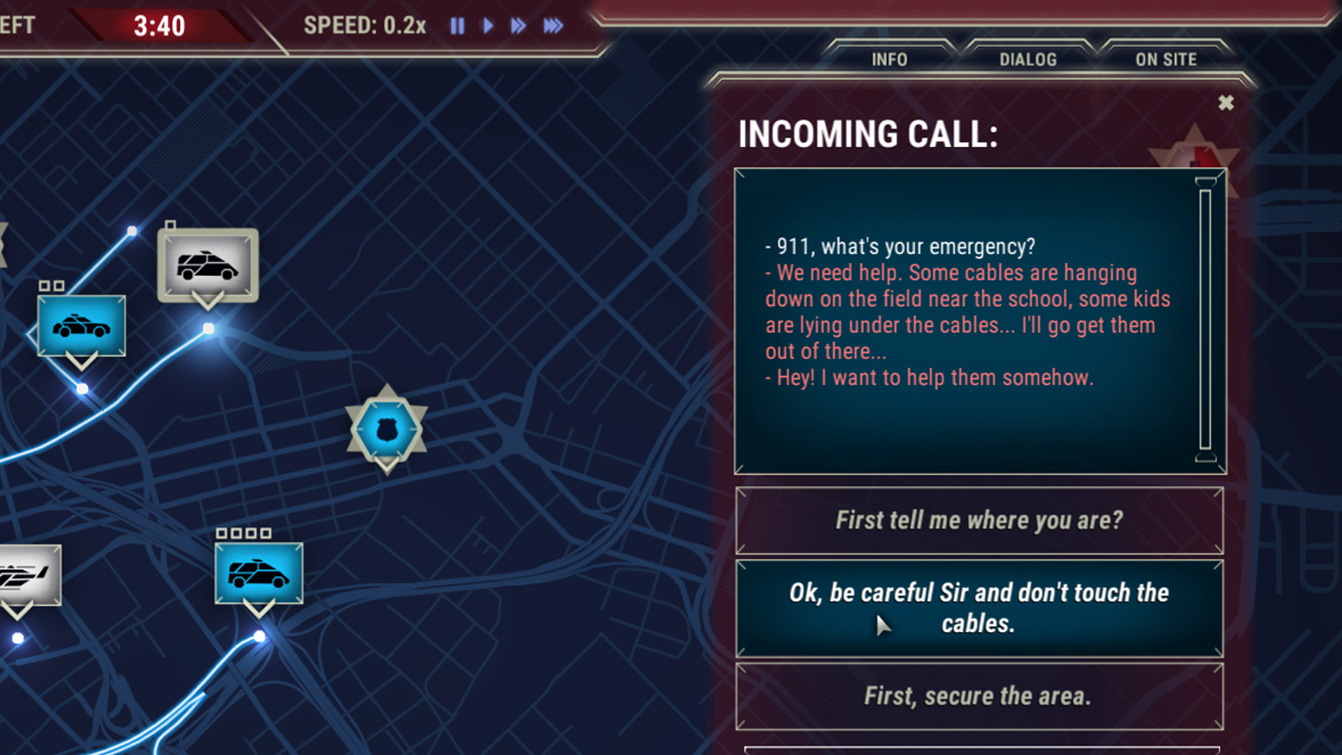 In 911 Operator, the player fields an incoming emergency call about downed power lines near a school.