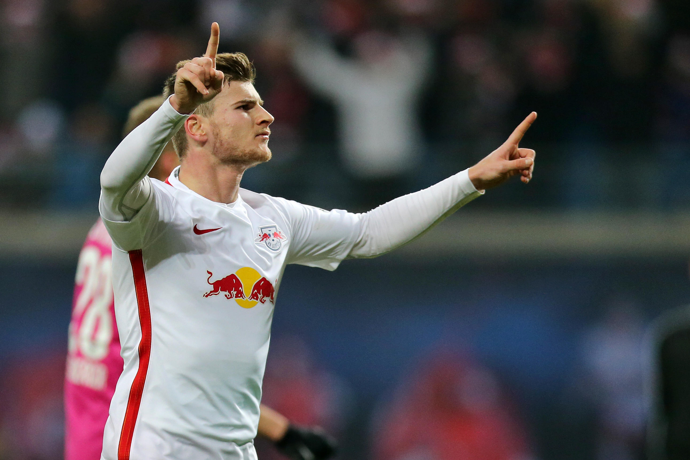 Timo Werner celebrates after scoring for RB Leipzig against Hertha Berlin, December 2016