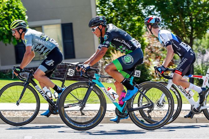 Travis McCabe (Worthy Pro Cycling) moves to the front of the bunch heading into the final laps of stage 1 of the 2019 Tour of Utah