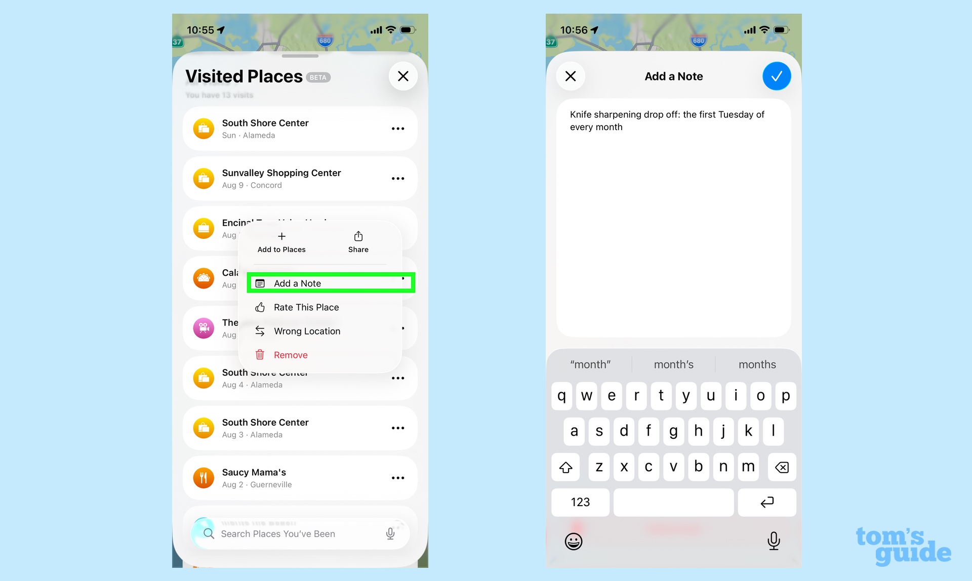 add a note to visited places by tapping the more menu