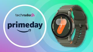 Galaxy Watch 7 alongside an Amazon prime day logo