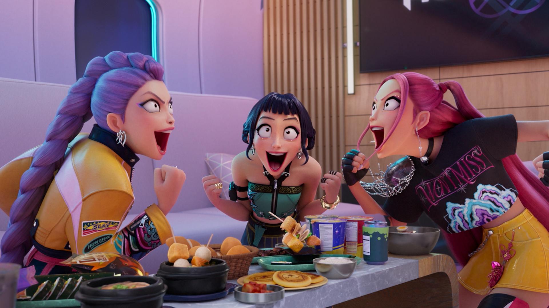 KPop Demon Hunters still showcasing Rumi, Zoey, and Mira eating and shouting