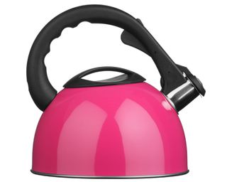 Premier Housewares stainless steel whistling kettle in white with silicone-sleeved handle in magenta pink