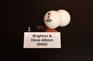 A detailed view of the draw card of Brighton &amp; Hove Albion prior to the UEFA Europa League 2023/24 Group Stage Draw at Grimaldi Forum on September 01, 2023 in Monaco, Monaco.