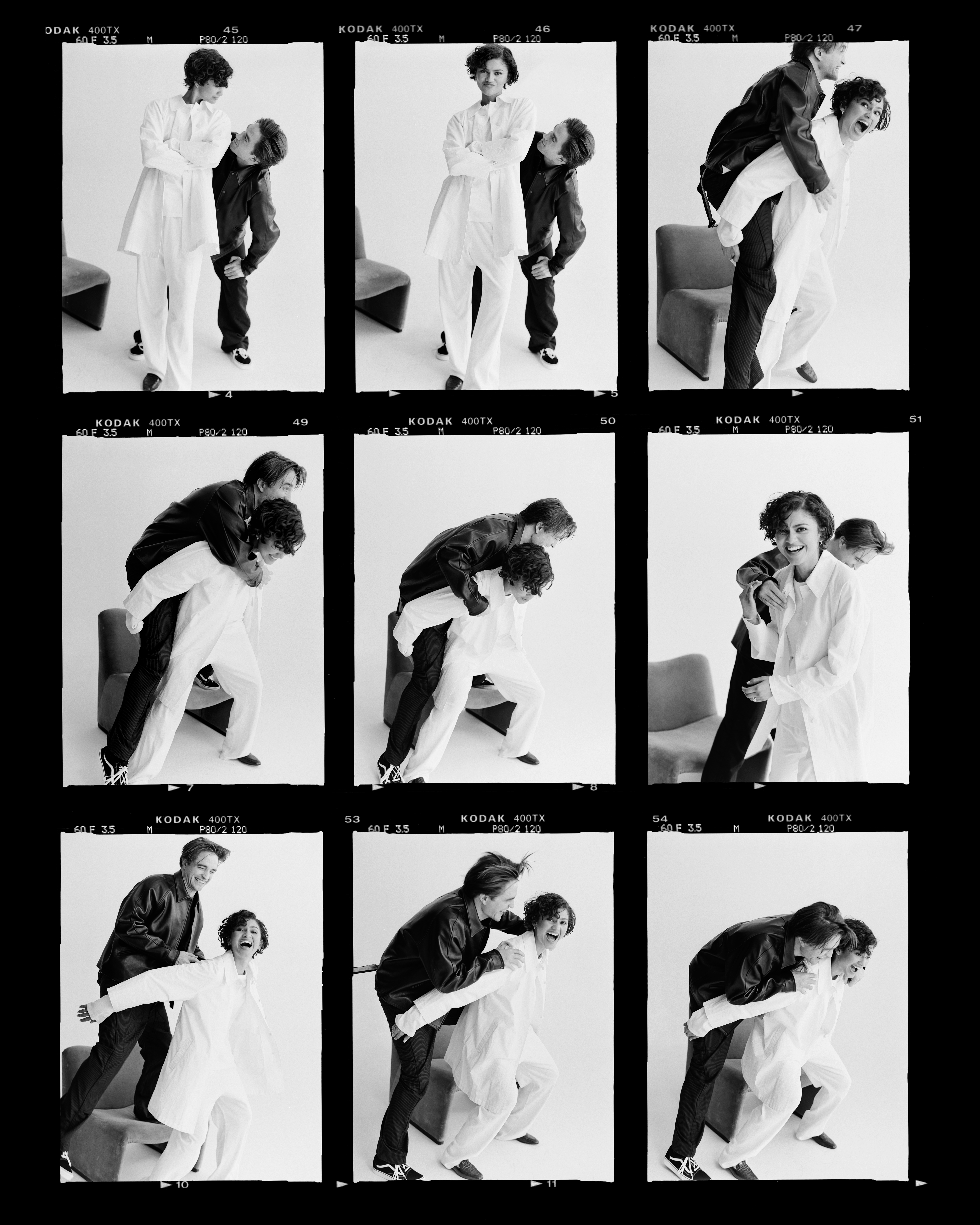 A contact sheet of black and white photos of a couple playfully posing for the camera.
