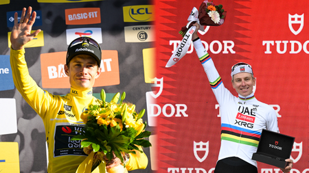 Composite image of Jonas Vingegaard and Tadej Pogačar both standing on podiums
