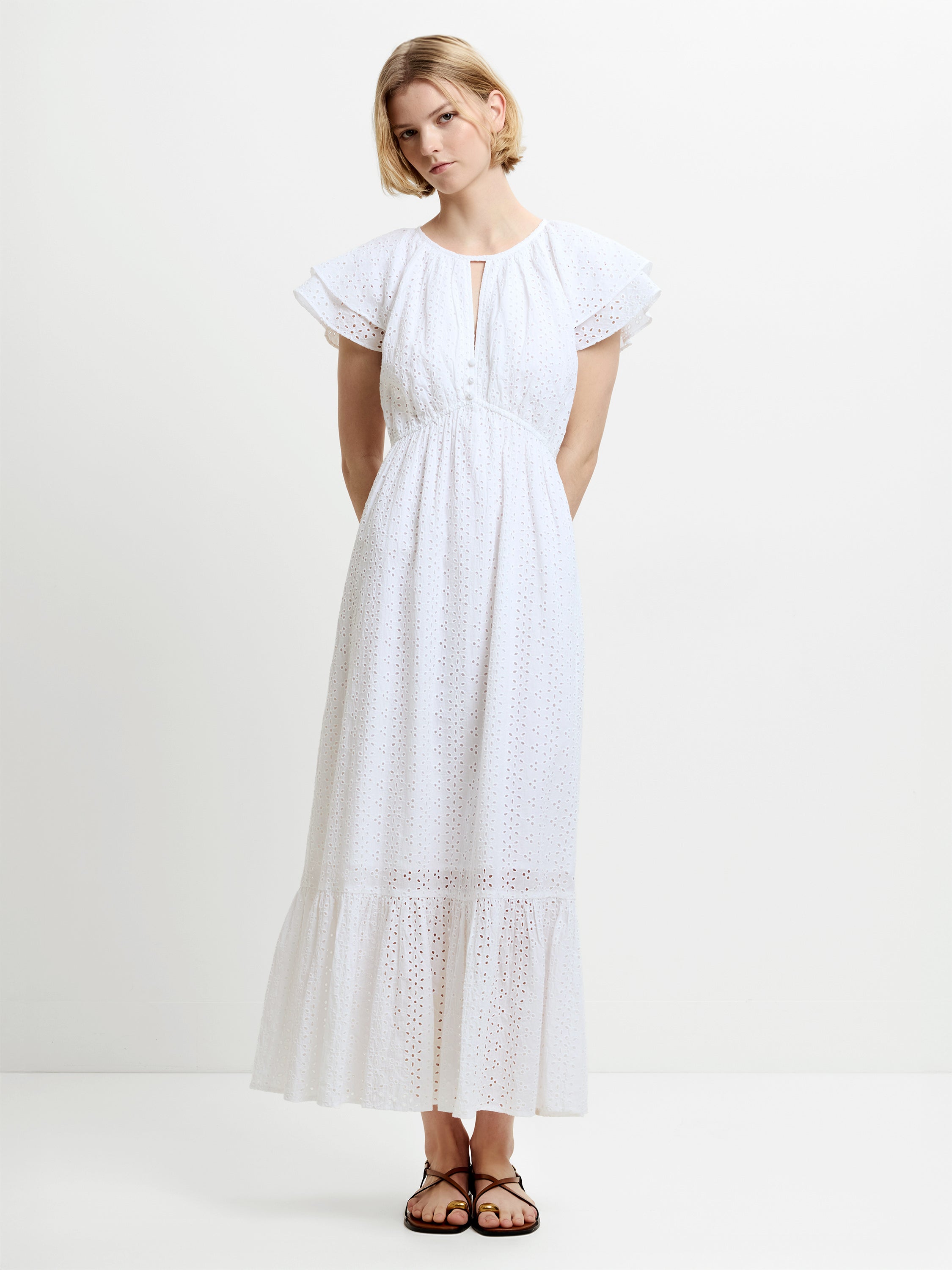 Bonnie Broderie Flutter Sleeve White Maxi Dress