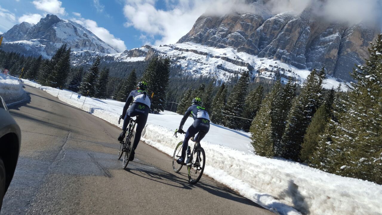 Alejandro Valverde and Andrey Amador (Movistar) preview the route for stage 14 of the Giro d'Italia