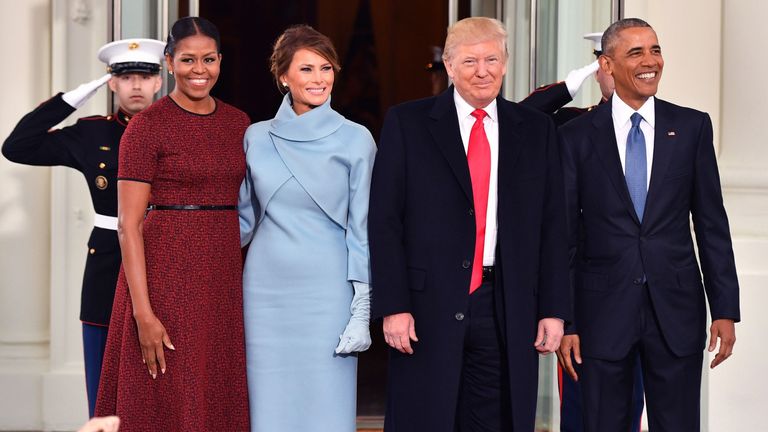 Obamas welcoming the Trumps