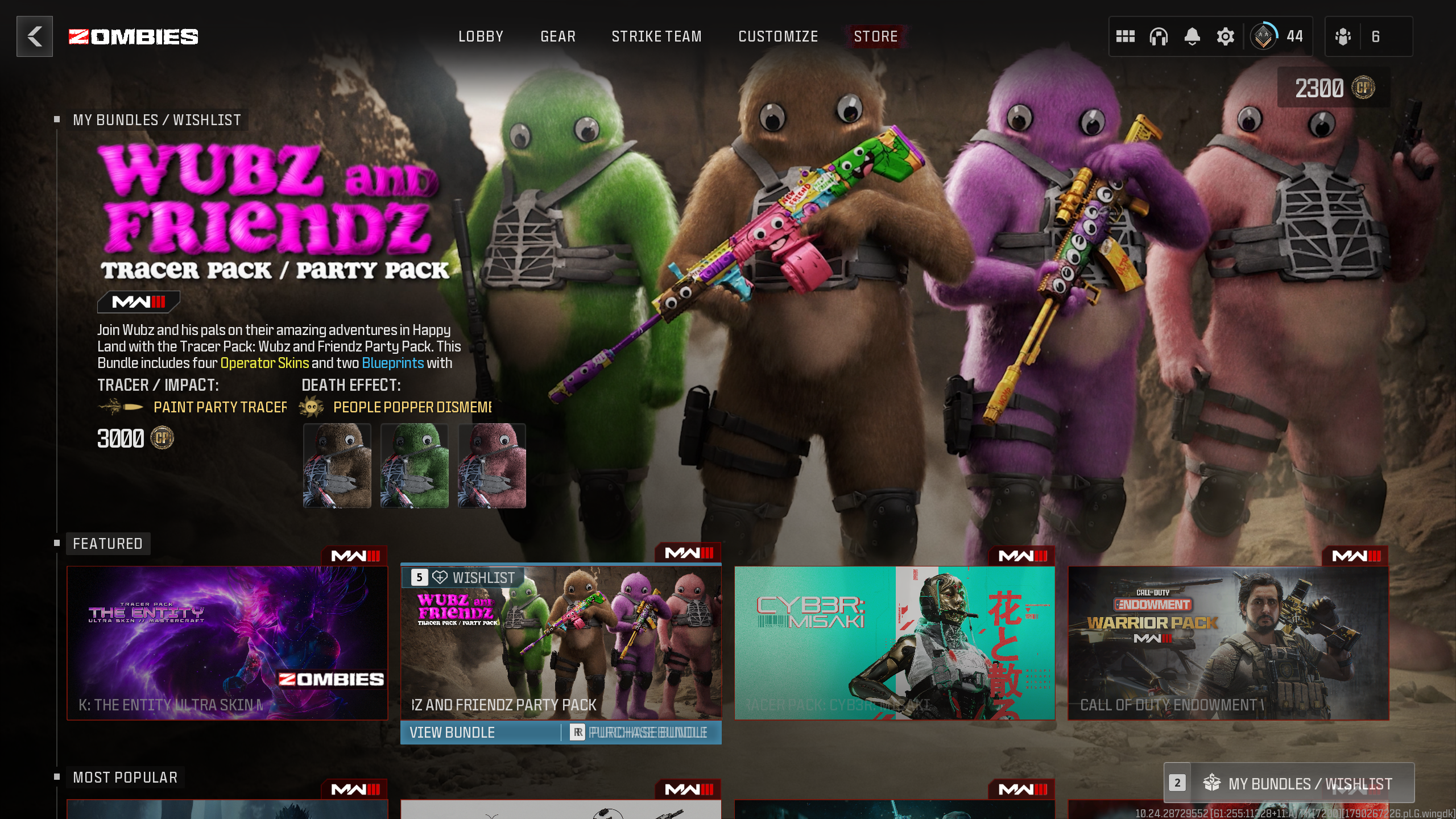 A screenshot of the Call of Duty: Modern Warfare 3 store showing the Wubz and Friendz cosmetic pack.
