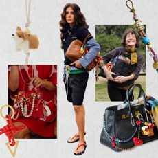 A collage graphic of Fashion Week guests carrying handbags adorned with bag charms, Jane Birkin with an accessorized Hermes Birkin bag, keychains, bag charms