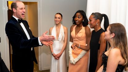rince William, Prince of Wales, president of Bafta meets EE Rising Stars Phoebe Dynevor, Ayo Edebiri, Sophie Wilde and Mia McKenna Bruce after the Bafta Film Awards.