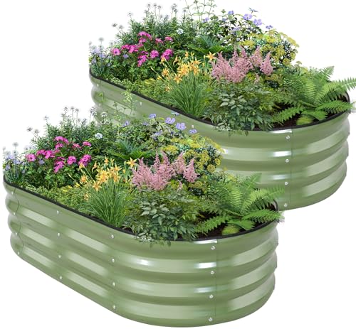 Birdsinyard Galvanized Raised Garden Bed - 4&amp;times;2&amp;times;1ft (2 Packs) Planter Raised Beds for Gardening | Oval Metal Garden Planter Box With Safety Edging and Gloves for Vegetables Fruits and Flower Olivegreen